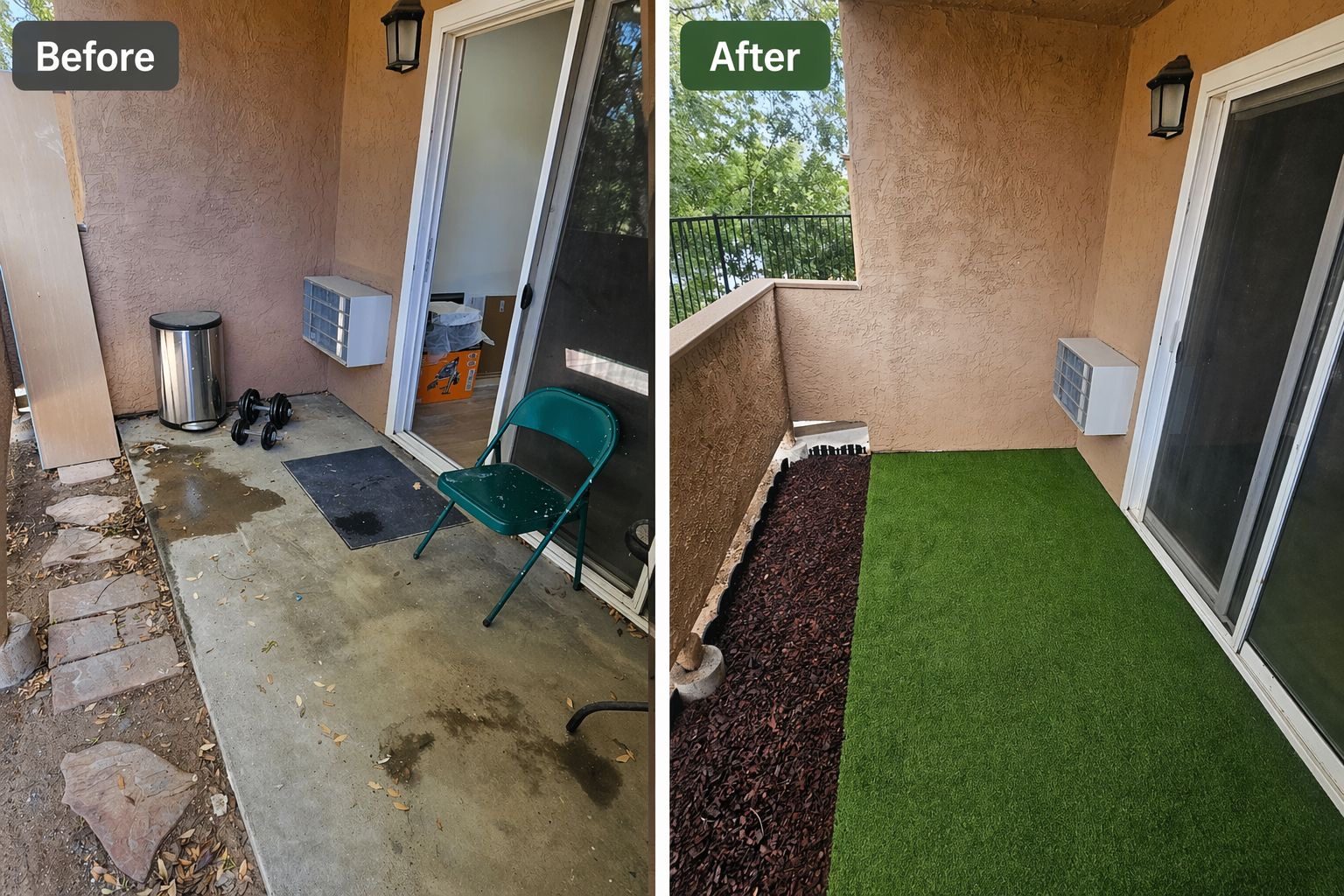 Before and after of a dingy concrete balcony cleaned and finished with artificial turf and a mulch border