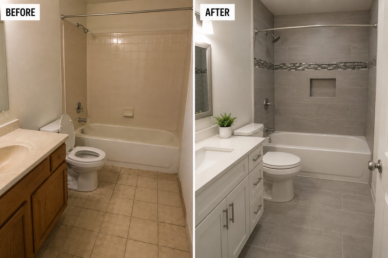 Before and after of a San Diego bathroom remodel with new gray tile, tub surround, and a white vanity