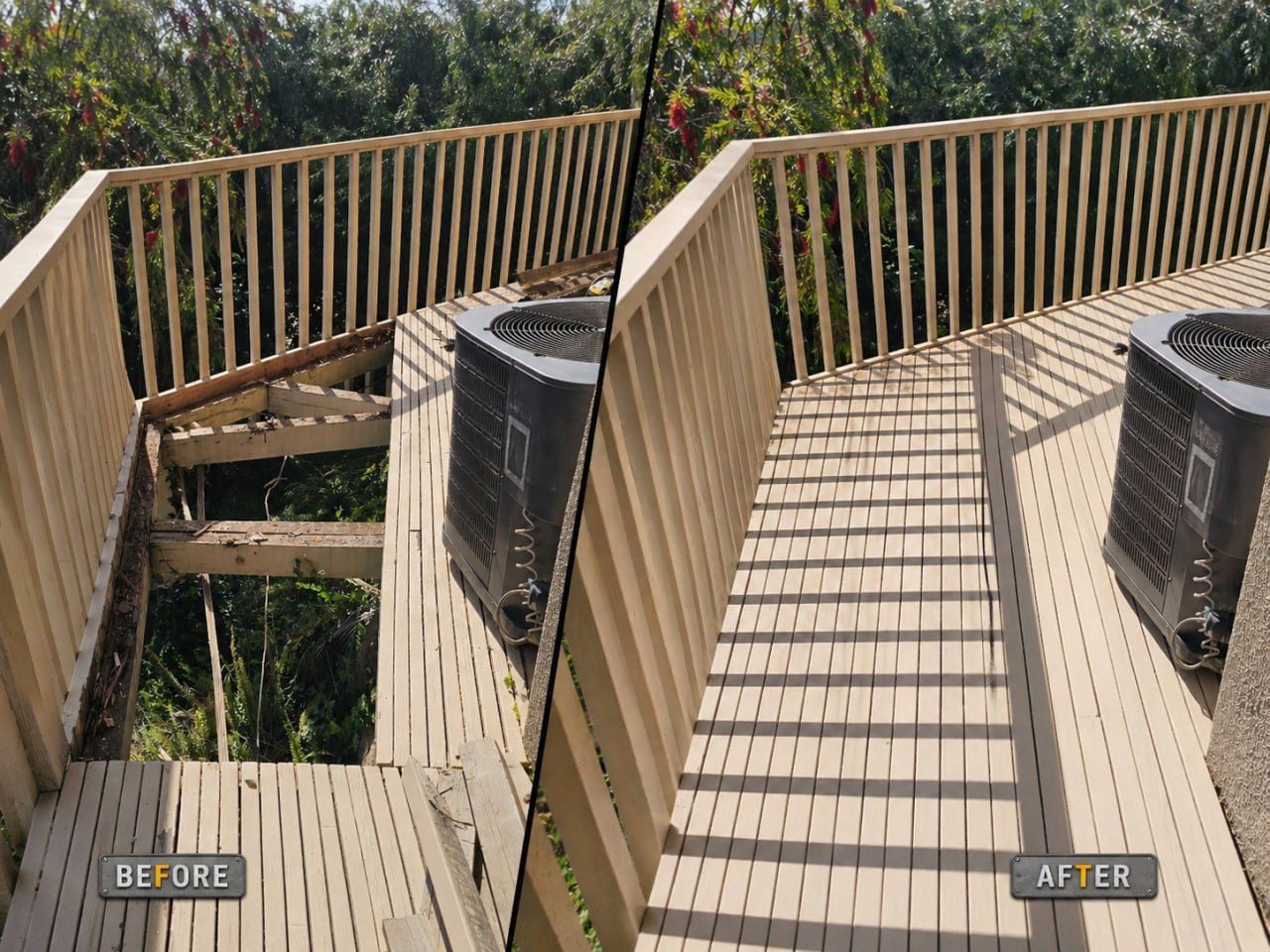 Before and after of a damaged backyard deck rebuilt with new boards and railing