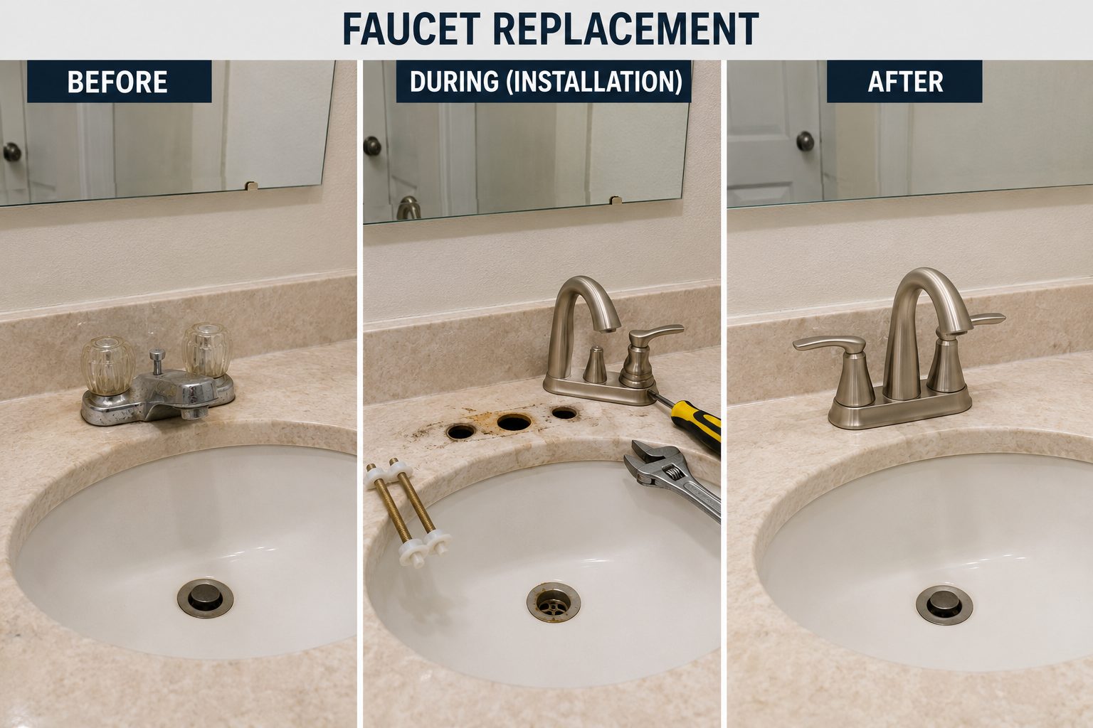 Before, during, and after of a worn bathroom faucet replaced with a brushed-nickel fixture