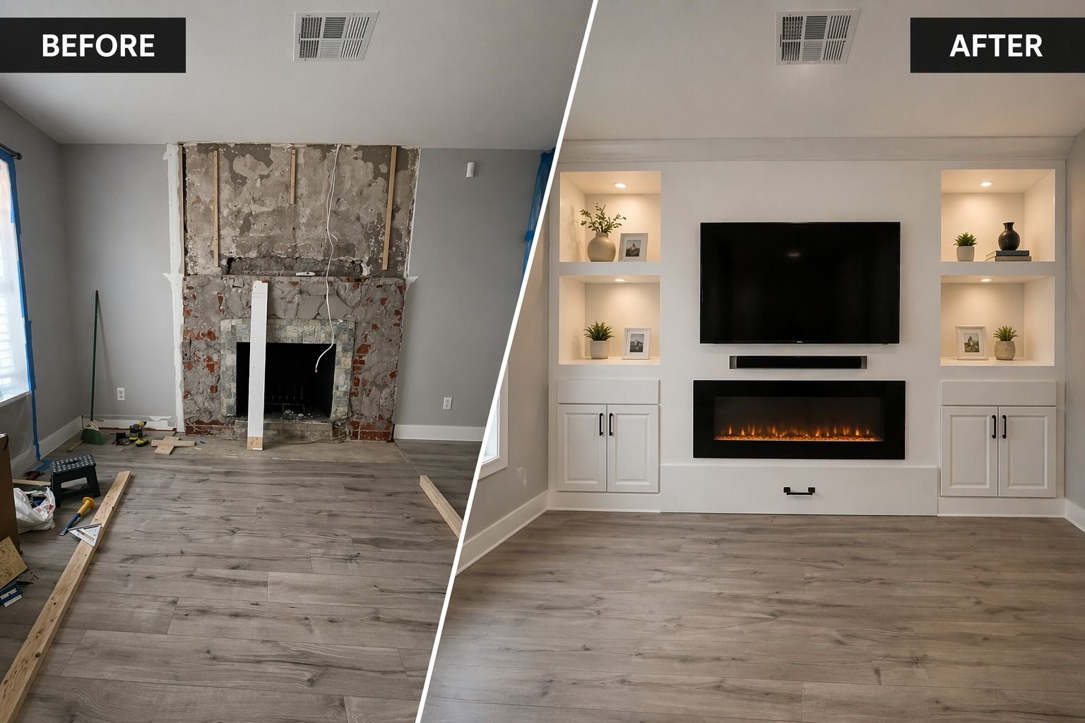 Before and after of a worn brick fireplace rebuilt as a white built-in media wall with an electric fireplace