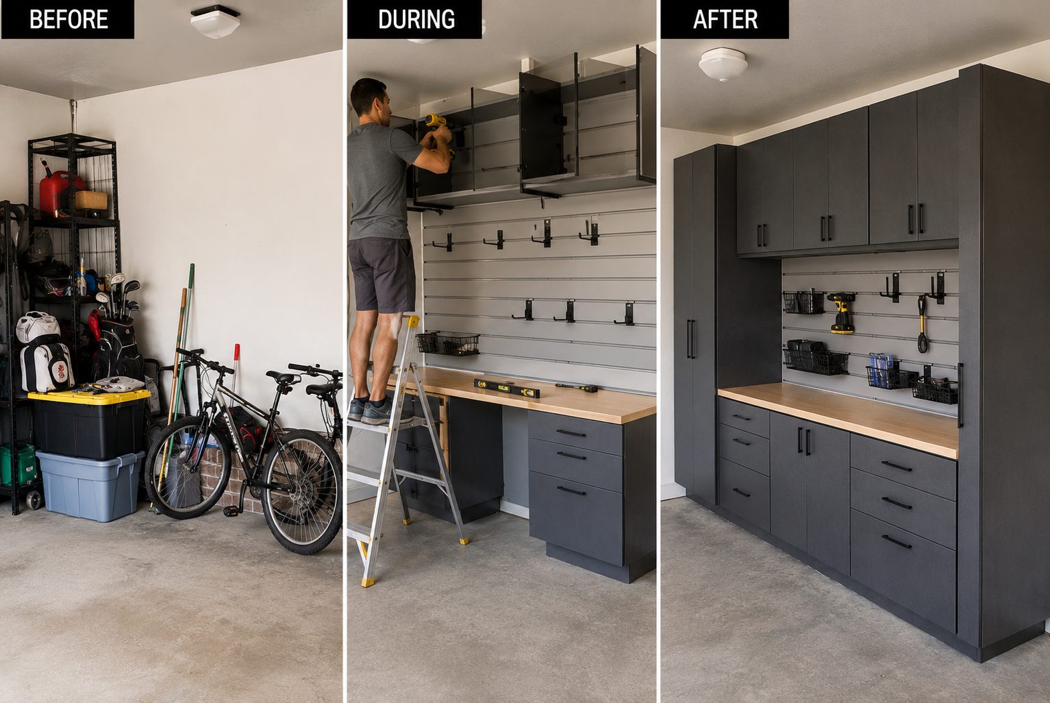Before, during, and after of a cluttered garage fitted with dark storage cabinets and slatwall organization