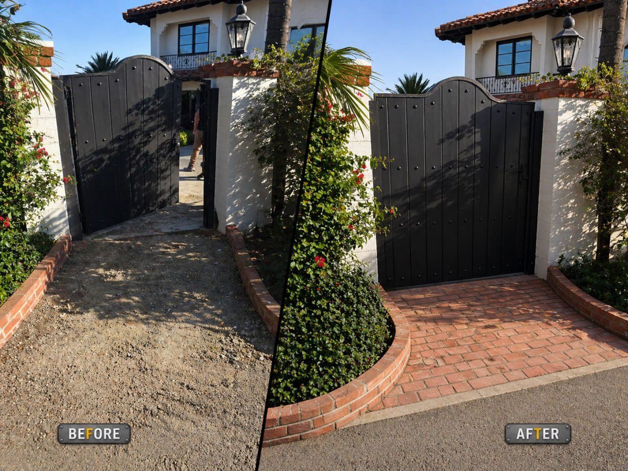 Before and after of a wood gate refinished and a brick paver walkway installed at a San Diego home