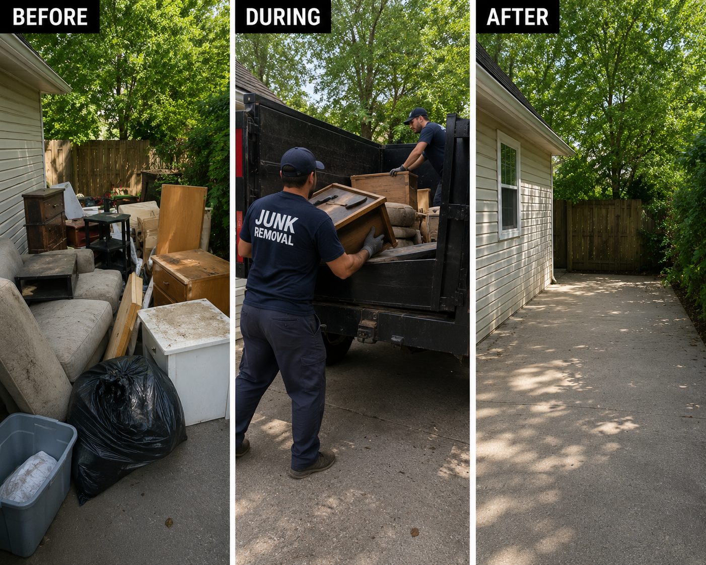 Before, during, and after of junk removed from a side yard and hauled away to leave a clear space
