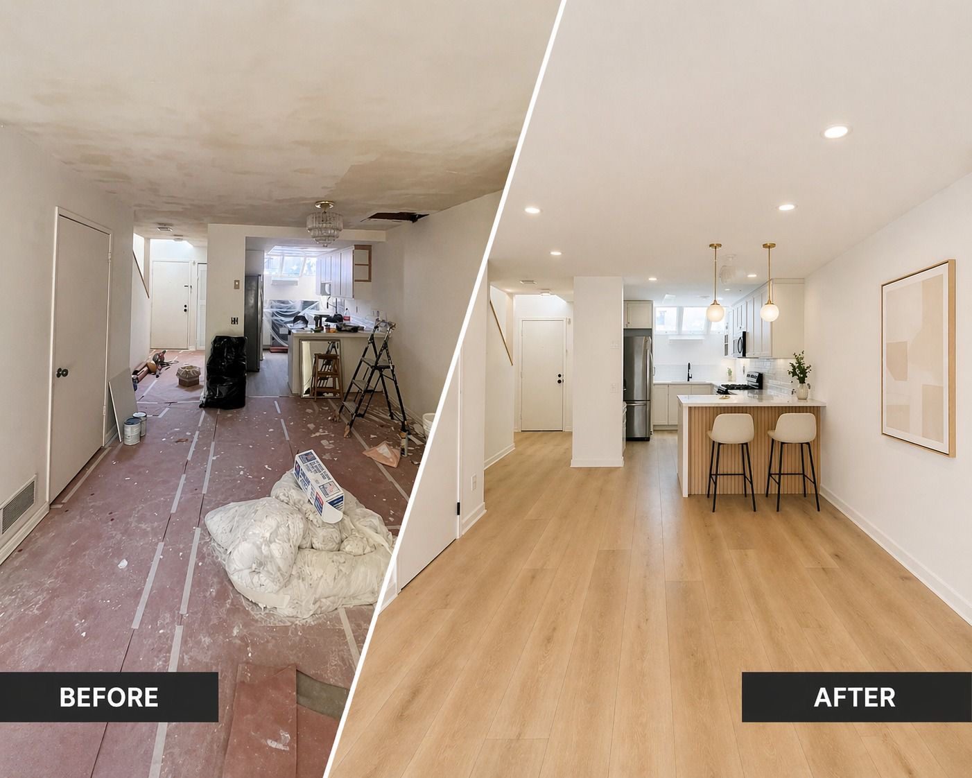 Before and after of a kitchen and living space with new light flooring and a bright white kitchen
