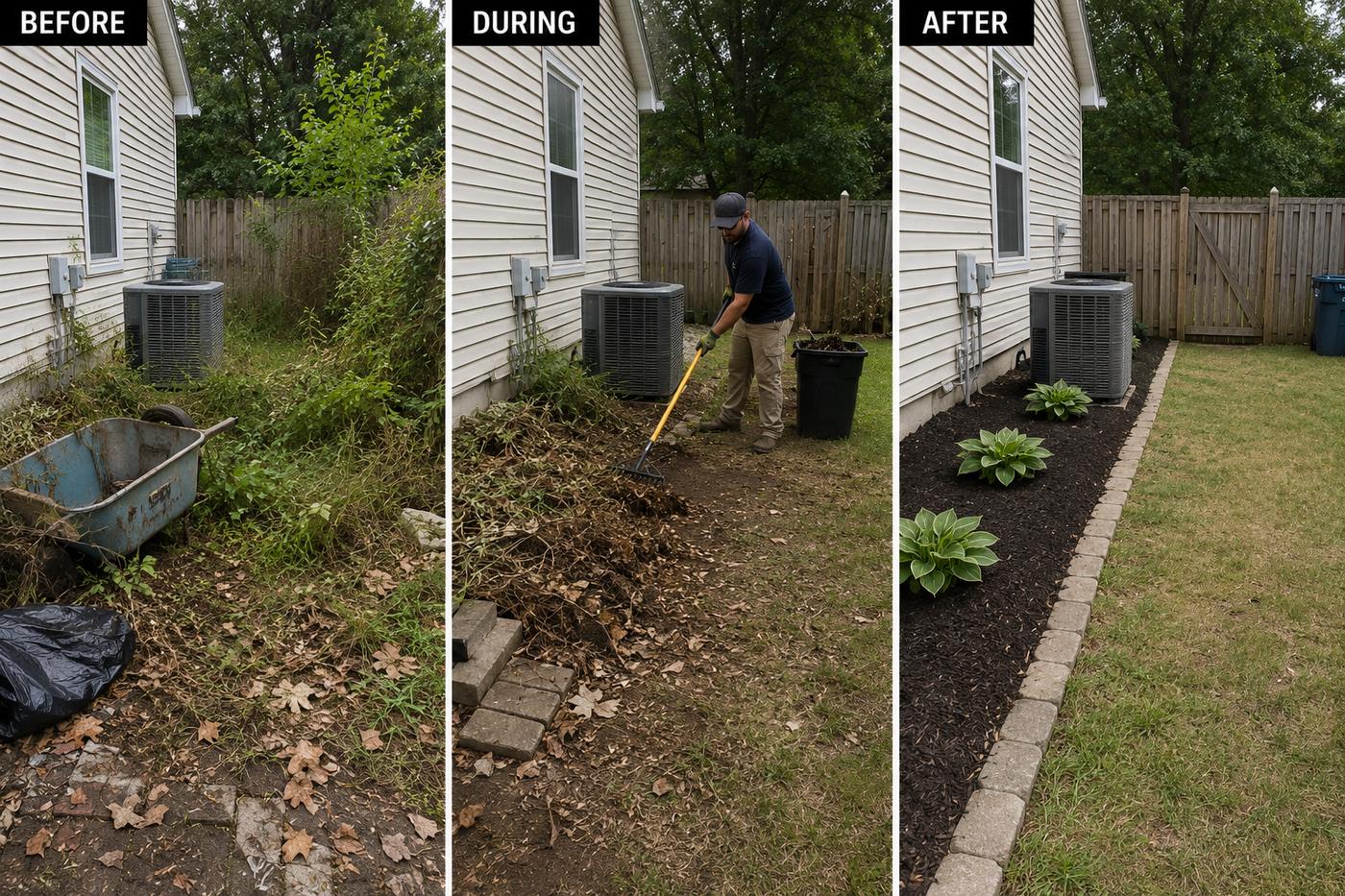 Before, during, and after of an overgrown side yard cleared and finished with a fresh mulch bed